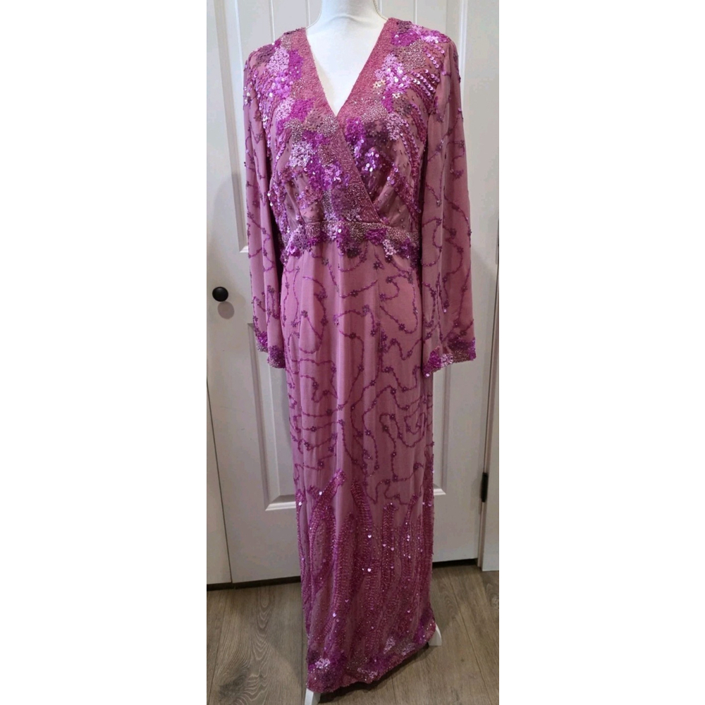 VTG Mode O Day Singapore Beaded Sequin Maxi Dress Flapper Gatsby Pink Measure L